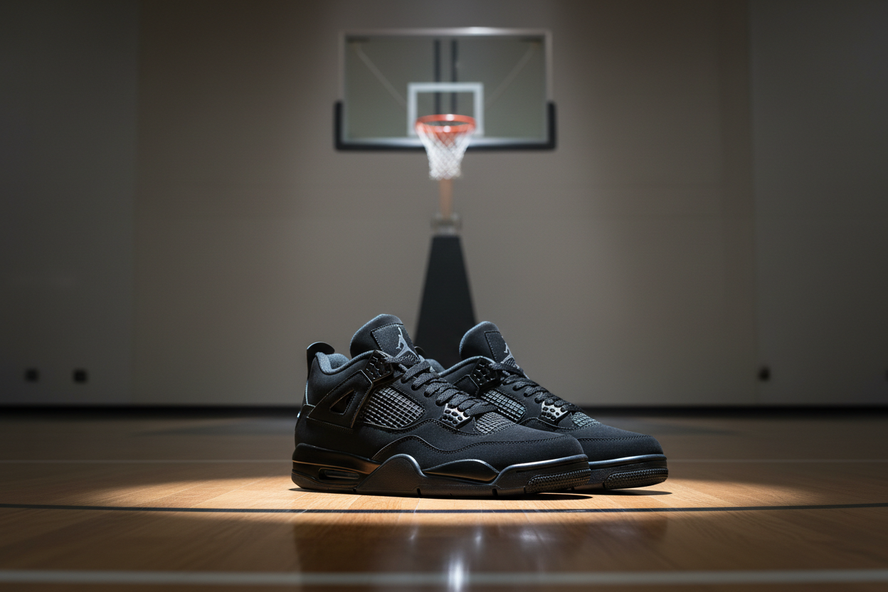 add the jordan 4 black cat 2025 o a wooden basketball court with a sptlight on the sneakers and a basketball hoop in the backgrund. keep the lighting relitavely bright and not dark
